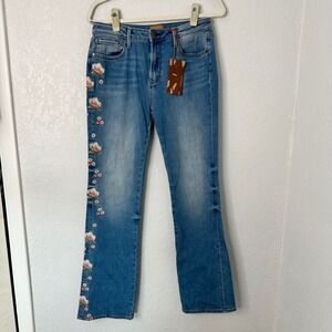 DRIFTWOOD Kelly Indigo Blue Classic Fit Flare Jeans with Floral Embroidery 29